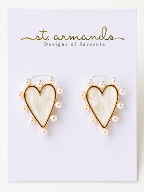St. Armands Mother of Pearl Heart Stud Earrings Gold Tone Boho Cottagecore NWOT